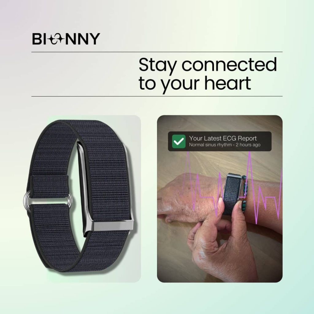 Side-by-side view of the Bionny strap and a person wearing it on their wrist while checking an ECG report notification