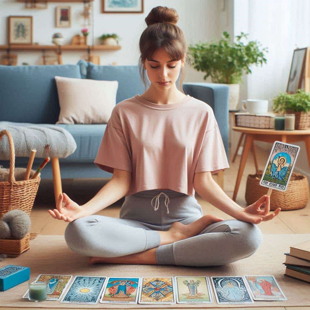 A young woman in a meditation pose surrounded by tarot cards on the floor, illustrating how practicing cartomancy reduce stress daily